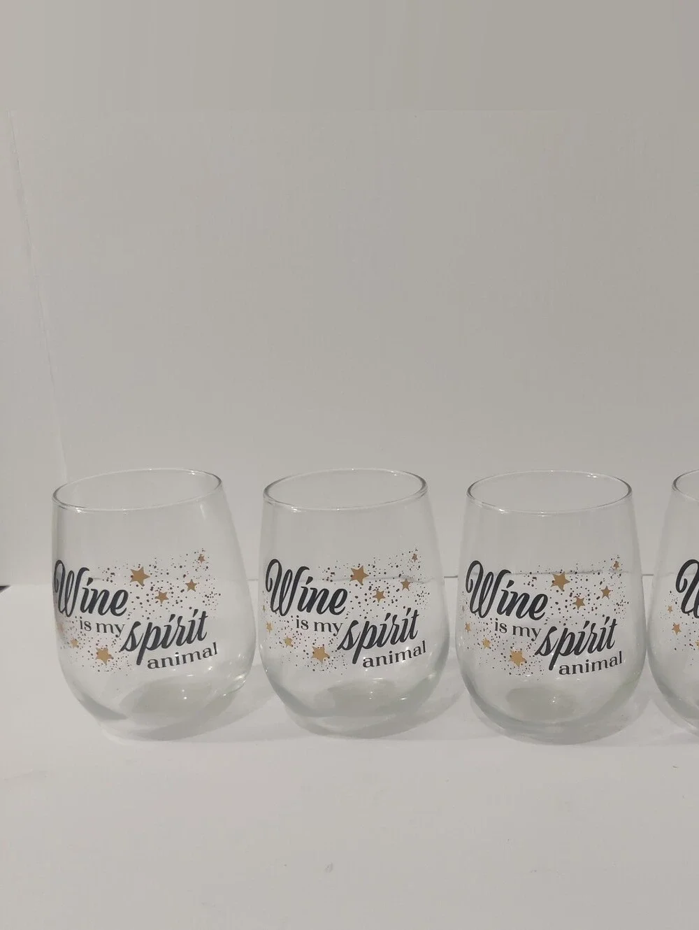 Wine Is My Spirit Animal Stemless Wine Glasses – Set of 4, Clear with Gold Stars